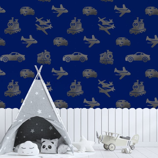 Papel Pintado Aviones De Trenes De Plata Y Niños De Automóviles  (Boys Playroom)