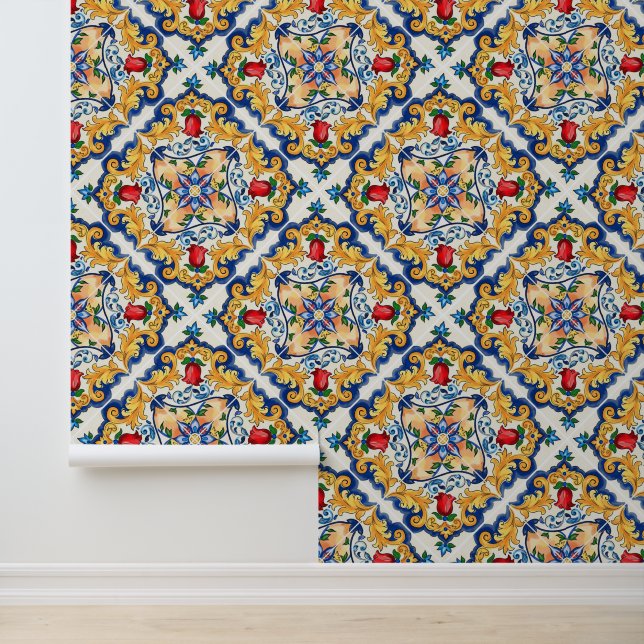 Papel Pintado Azafrán profundo Rojo Floral Sicilia Majólica Tile (Solicitud)
