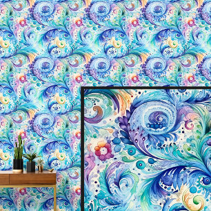 Papel Pintado Azul abstracto verde acuático floral de cachemira 