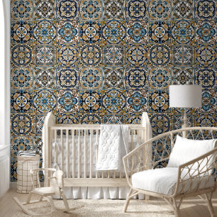 Papel Pintado Azul Amarillo Blanco Negro Azuleju Español Marroqu