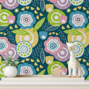 Papel Pintado Azul Amarillo Rosa Floral Atrevido Pega y Despega
