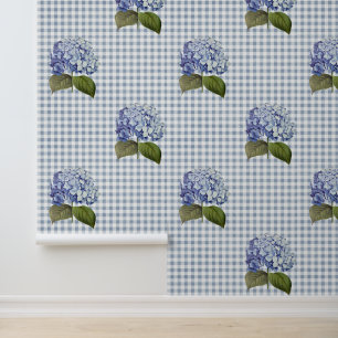 Papel Pintado Azul botánico vintage Hydrangea flor Gingham
