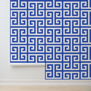 Papel Pintado Azul Cerúleo y Gran Llave Griega Blanca