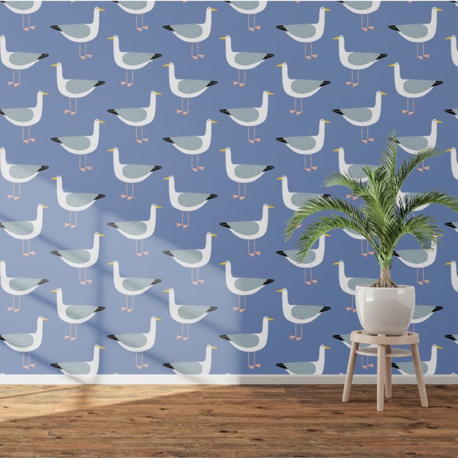 Papel Pintado Azul costero de gaviota (Fun seagull nautical coastal blue wallpaper)