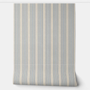 Papel Pintado Azul de Granja Aterciopelado con Raya de Ticking