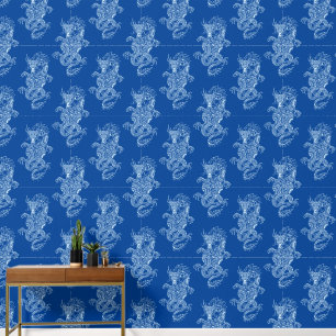 Papel Pintado Azul de la marina de estilo chino Dragon