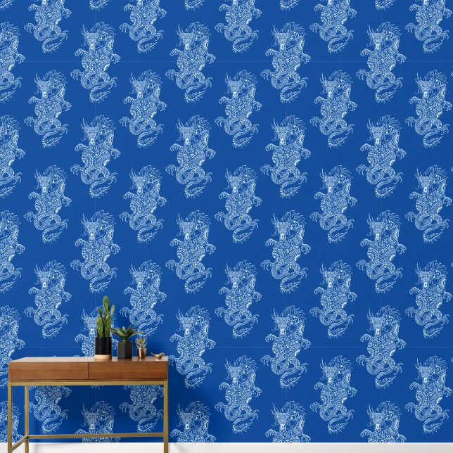 Papel Pintado Azul de la marina de estilo chino Dragon (Pasillo)