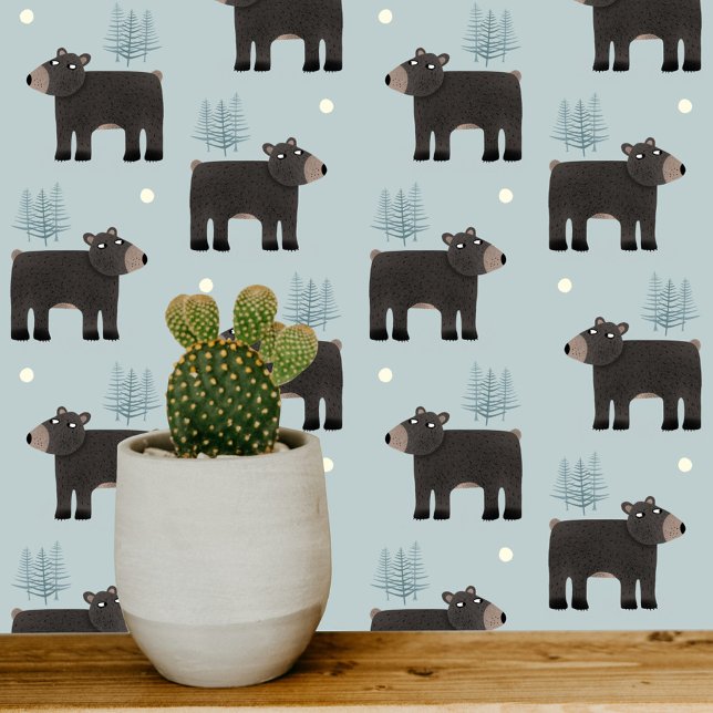 Papel Pintado Azul de oso suave (Bear Trees Moon woodland forest cute art wallpaper for nursery and kids rooms)
