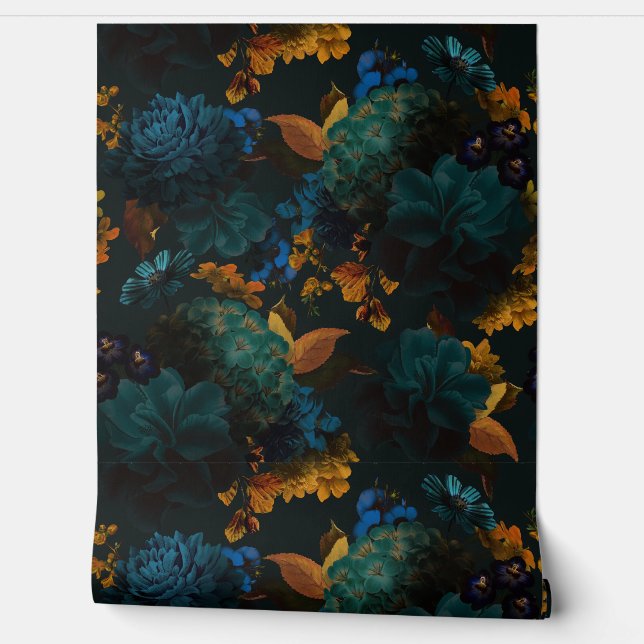 Papel Pintado Azul Gótico Y Amarillo Negrita Moody Florals Wallp (Desenrollar)