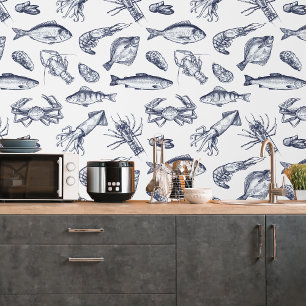 Papel Pintado Azul Marino Patrón de Mariscos Cocina Peel & Stick