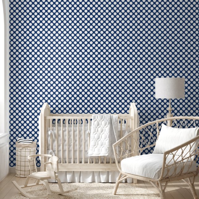 Papel Pintado Azul marino retro con puntos de polka blanco (Niños)