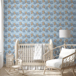 Papel Pintado Azul marrón Teddy Oso Estrellas Patrón Nursera del