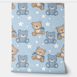 Papel Pintado Azul marrón Teddy Oso Estrellas Patrón Nursera del