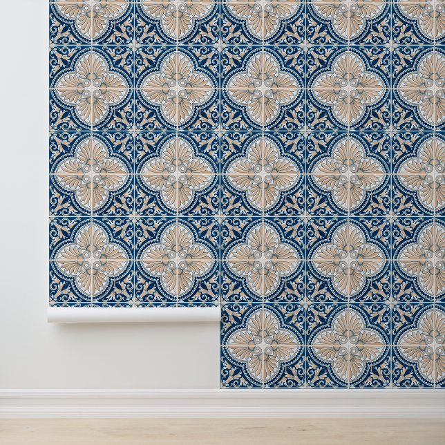 Papel Pintado Azul mediterráneo tradicional y mosaico tan profun (Solicitud)