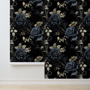 Papel Pintado Azul romántico y negro floral gótico