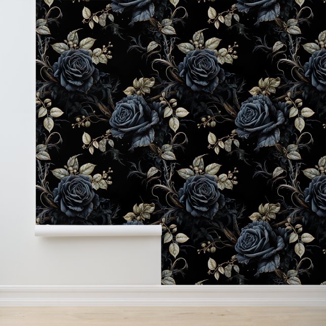 Papel Pintado Azul romántico y negro floral gótico (Solicitud)