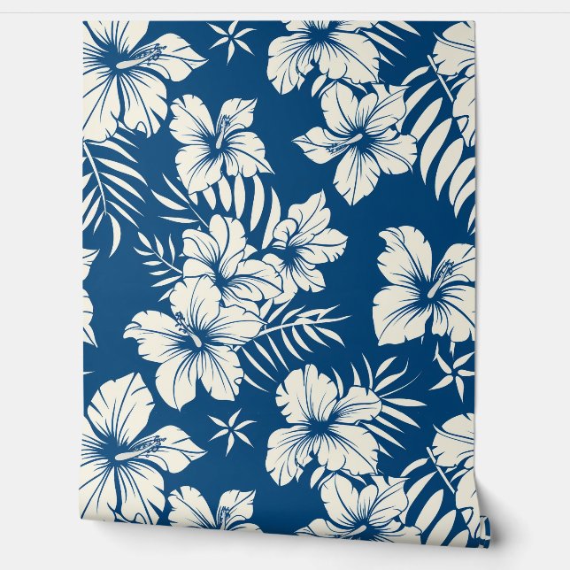 Papel Pintado Azul Tropical y Floral Blanco (Desenrollar)