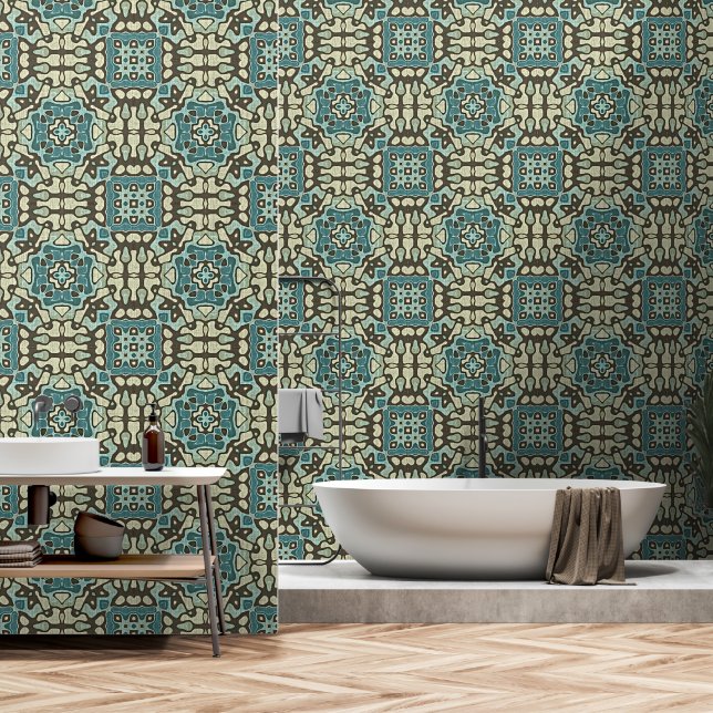 Papel Pintado Azul Verde azulado Taupe verde marrón arte de trib (Baño)