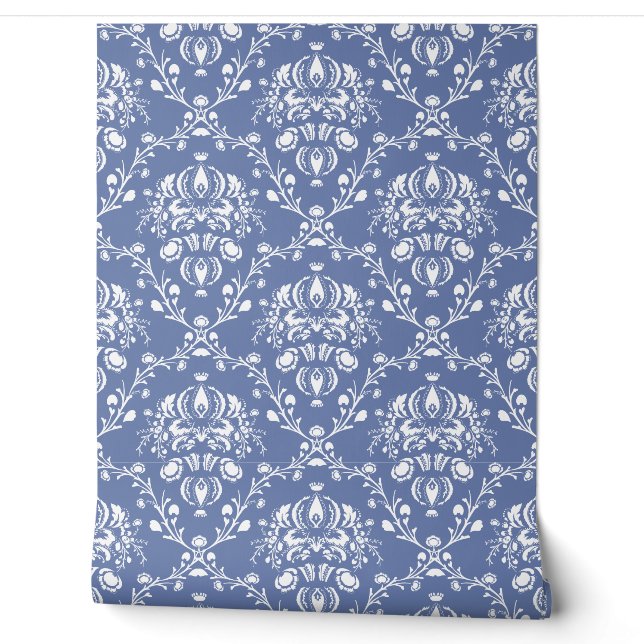 Papel Pintado Azul Vinca y Damasco Blanco (Desenrollar)