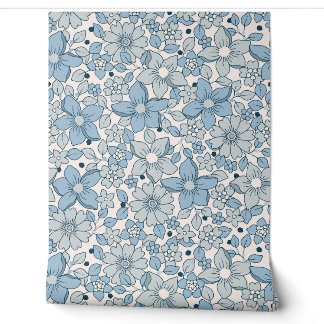 Papel Pintado Azul Vintage Floral Boho Groovy