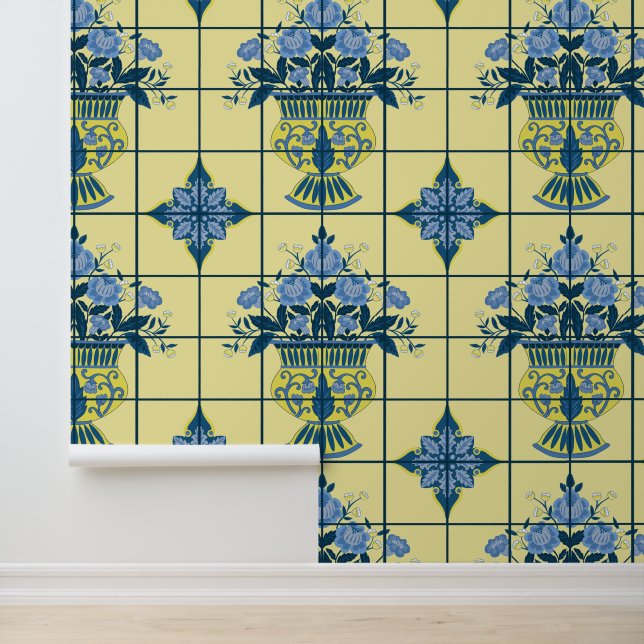 Papel Pintado Azul y amarillo Delft Floral Arreglo Tile (Solicitud)