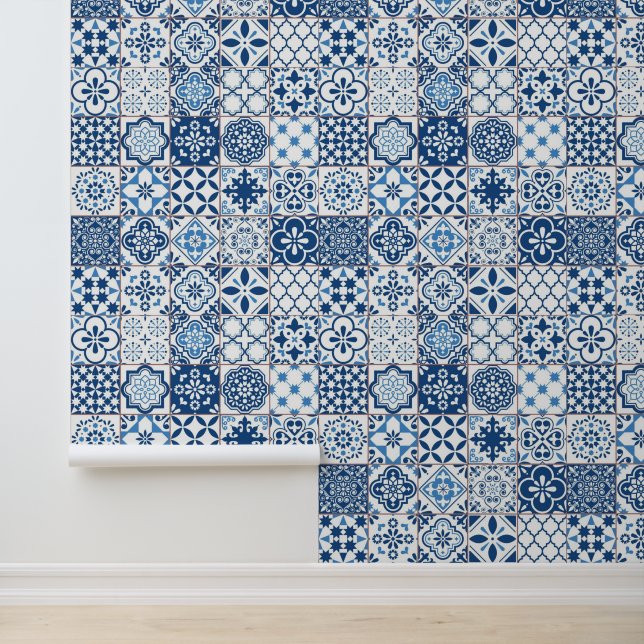 Papel Pintado Azulejo azul índigo mediterráneo mosaico (Solicitud)