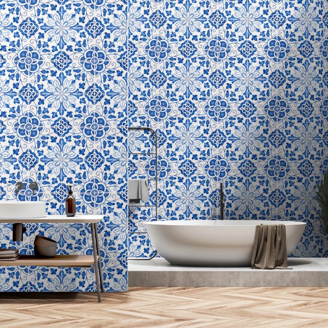 Papel Pintado Azulejo azul mediterráneo Azulejo portugués (Baño)