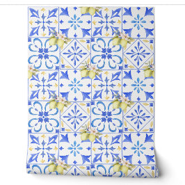 Papel Pintado Azulejo Azul Patrón de Limón Country Francés
