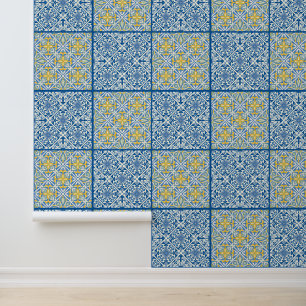 Papel Pintado Azulejo Azul Teal Dorado Marruecos Estilo Mediterr