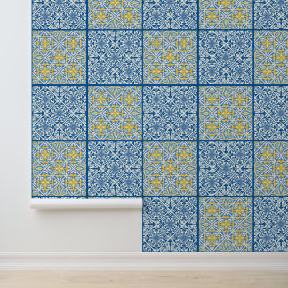 Papel Pintado Azulejo Azul Teal Dorado Marruecos Estilo Mediterr