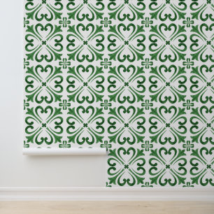 Papel Pintado Azulejo Floral Marroquí de Color Verde Bosque y Bl