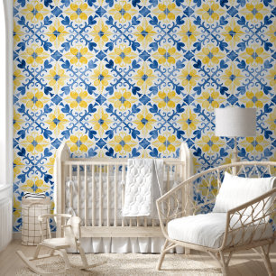 Papel Pintado Azulejo Floral Mediterráneo Inspirado Azul Amarill