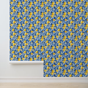Papel Pintado Azulejo Lemons Blue Leaves