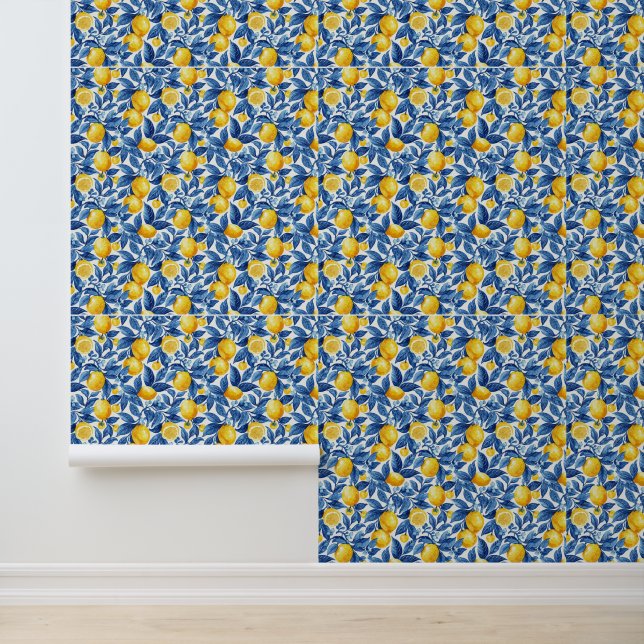 Papel Pintado Azulejo Lemons Blue Leaves (Solicitud)