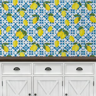 Papel Pintado Azulejo Limón Azul Acuarela