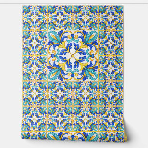Papel Pintado Azulejo Mediterráneo Amarillo Turquesa Azul Deco P