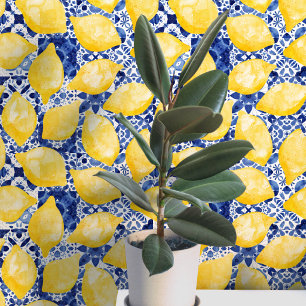 Papel Pintado Azulejo Mediterráneo Limón Azul Amarillo Acuarela