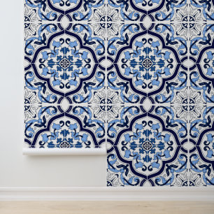 Papel Pintado Azulejo siciliano de mayólica floral blanca azul p
