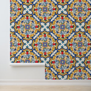 Papel Pintado Azulejo siciliano de mayólica floral rojo azafrán