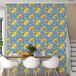 Papel Pintado Azulejos Azules Patrón Mediterráneo de Limón