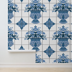 Papel Pintado Azulejos de arreglos florales Blue & White Delft