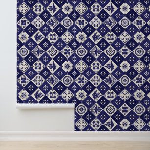 Papel Pintado Azulejos de Talavera Mexicanos Beige Índigo Oscuro
