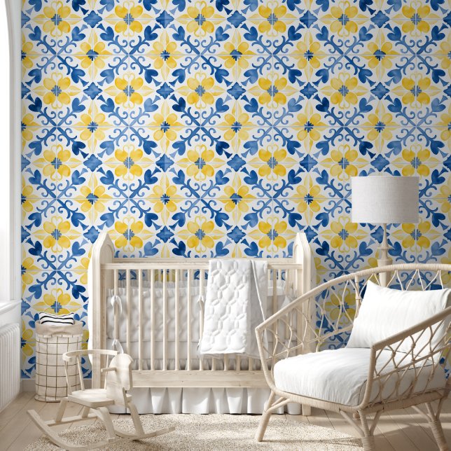 Papel Pintado Azulejos florales de inspiración mediterránea amar (Niños)