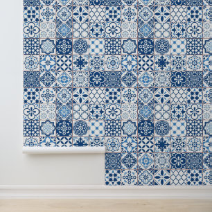 Papel Pintado Azulejos Mosaico Azul Índigo Mediterráneo