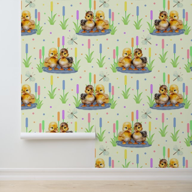 Papel Pintado Baby Ducklings Puddle Cattail Dragonfly Nursey (Solicitud)