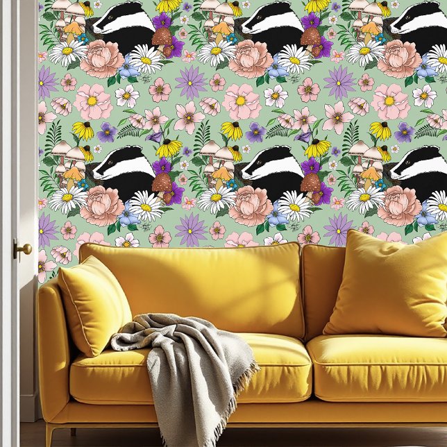 Papel Pintado Badger Wild Flowers Mushrooms Green (Subido por el creador)