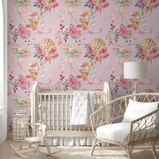 Papel Pintado Bailarinas lindas con rosas rojas sobre rosa
