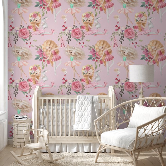 Papel Pintado Bailarinas lindas con rosas rojas sobre rosa (Niños)