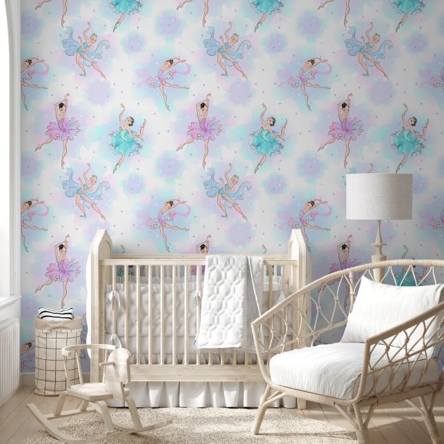Papel Pintado Bailarinas sobre azul, lila y blanco (Niños)