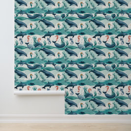 Papel Pintado Bajo el mar con delfines y caballitos de mar extra
